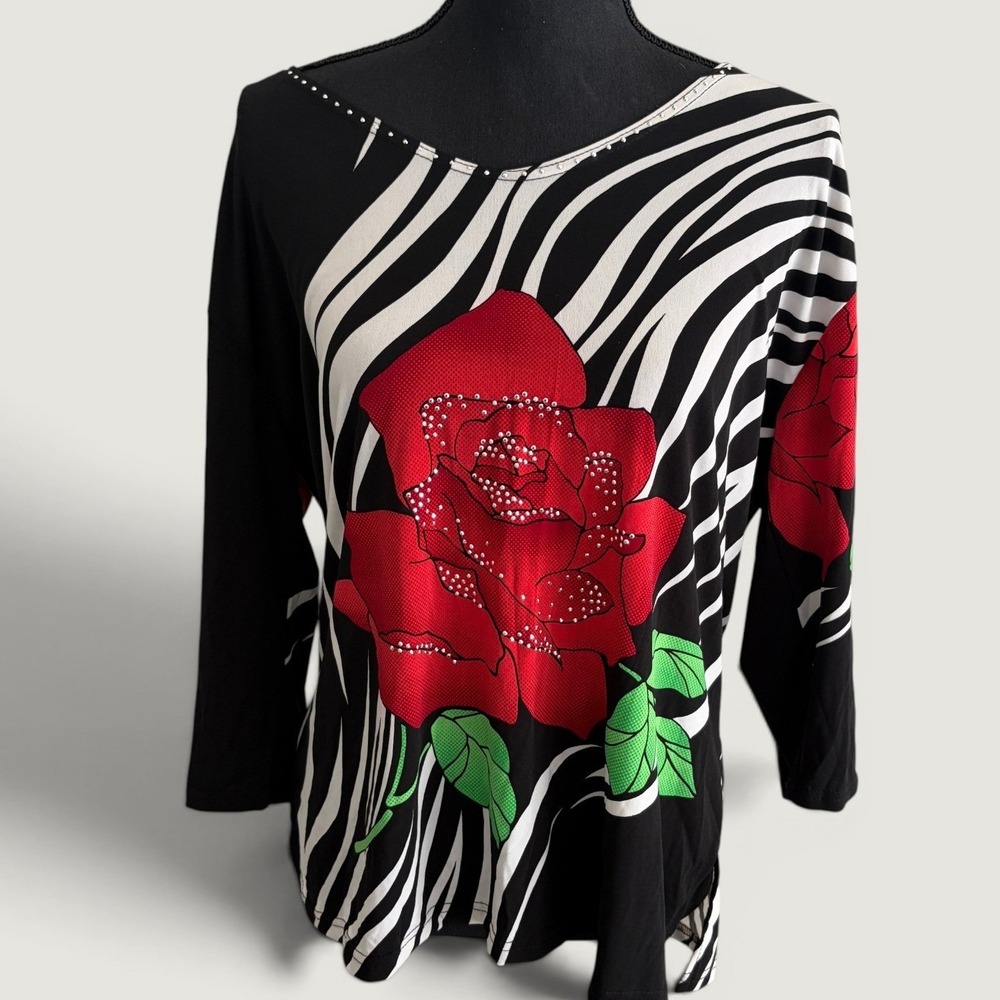 Valentina Rose Zebra Rhinestone Top XL Womens Y2K Grandma Core Glitzy V-Neck